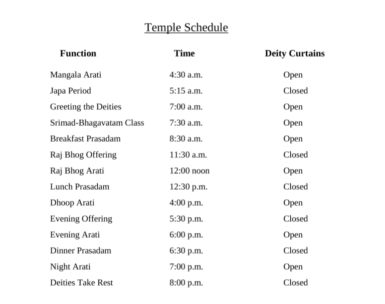 Temple Schedule